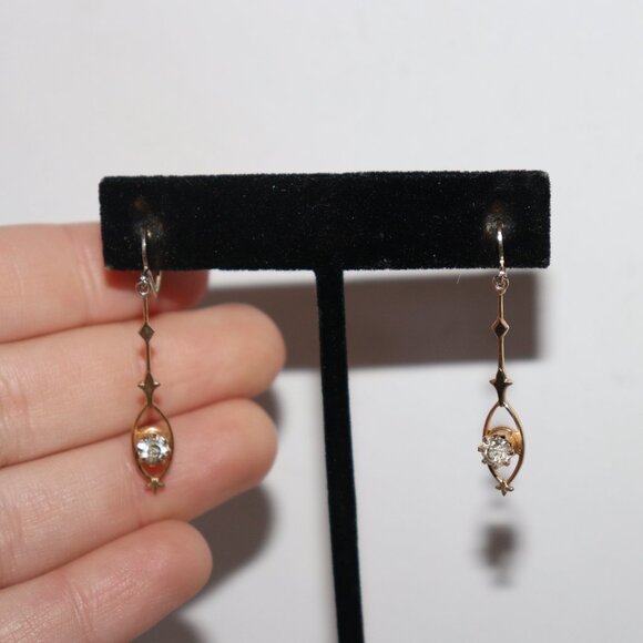 Vintage gold and CZ dangle screw-on dangle earrings 1 5/8" - Picture 3 of 5